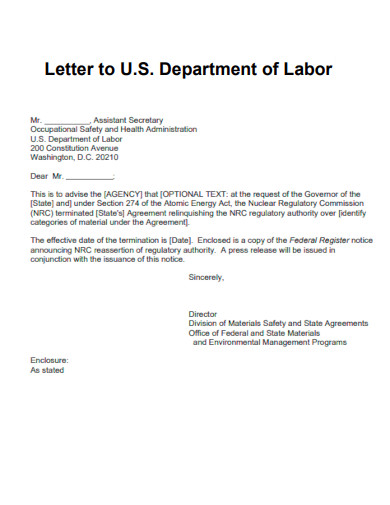 Letter to US Department of Labor