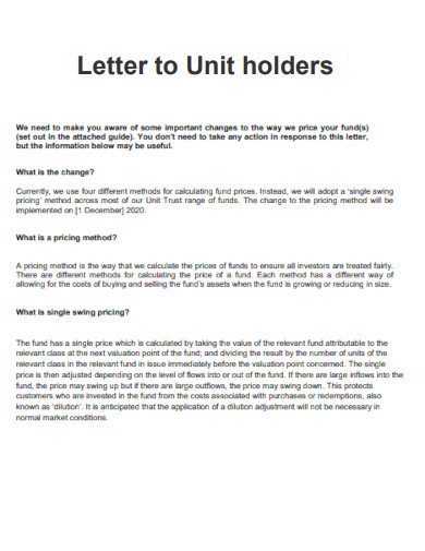 Letter to Unit holders