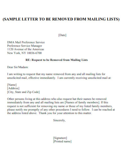 Letter to be Removed From Mailing List