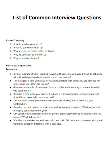 List of Common Interview Questions