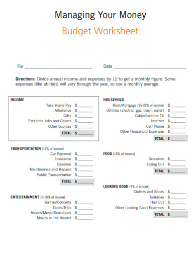Managing Money Budget Worksheet