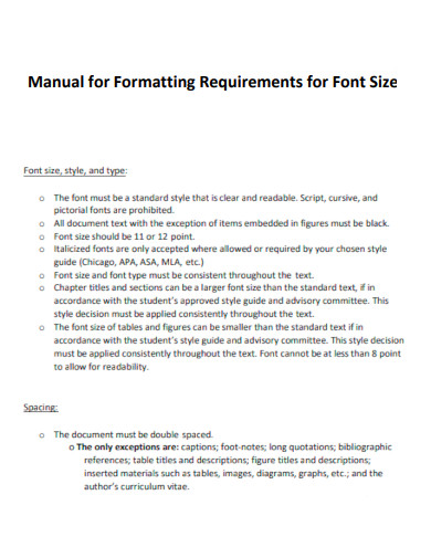 Manual for Formatting Requirements for Font Size