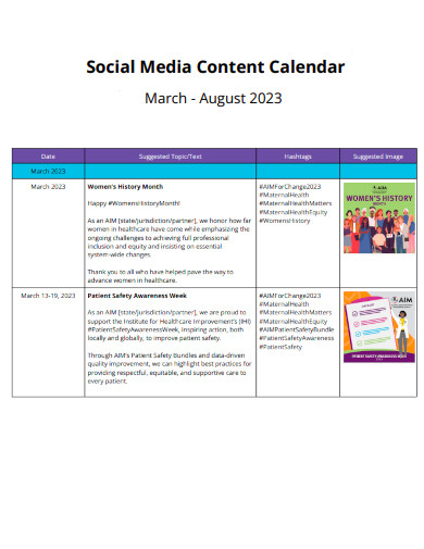 March to August Social Media Content Calendar