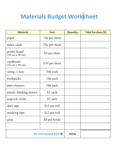 Materials Budget Worksheet