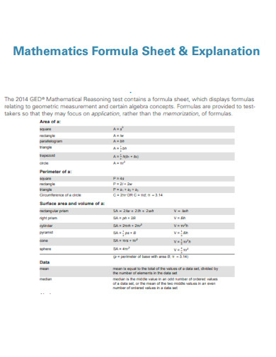 Mathematics Formula Sheet Explanation