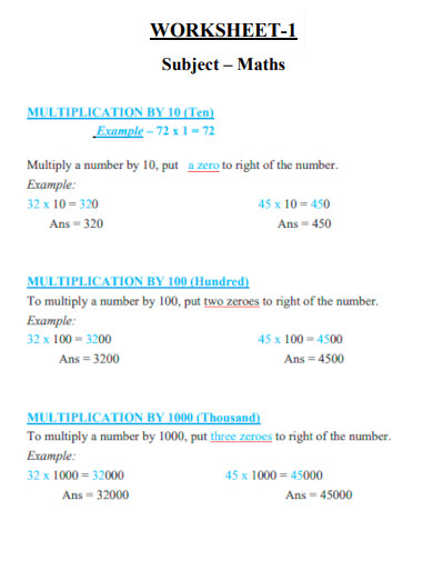 Maths Subject Multiplication Worksheet