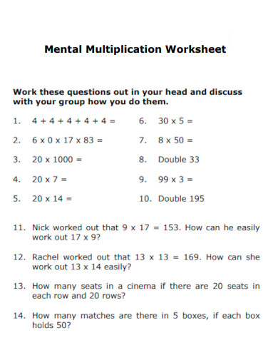 Mental Multiplication Worksheet