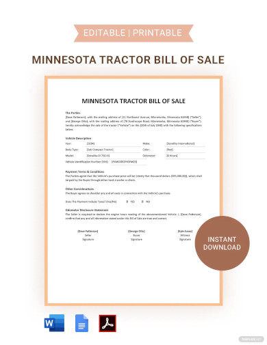 Minnesota Tractor Bill Of Sale Template