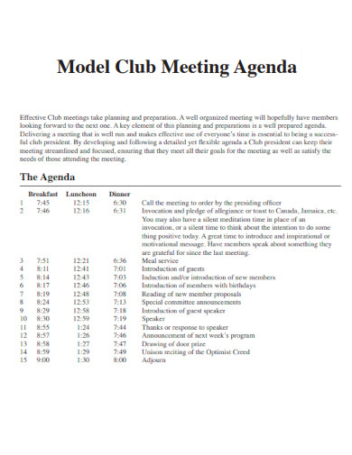 Model Club Meeting Agenda