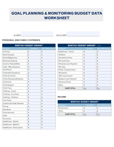 Monitoring Budget Data Worksheet