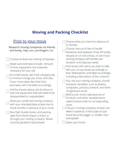 Moving and Packing Checklist