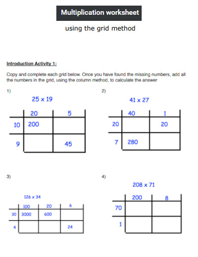Multiplication Worksheet using the grid method