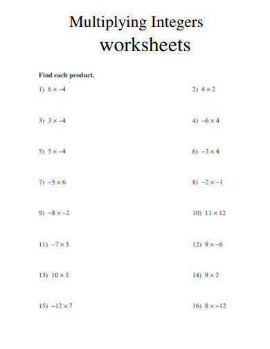 Multiplying Integers Worksheet