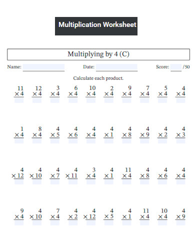 Multiplying by 4 Multiplication Worksheet 