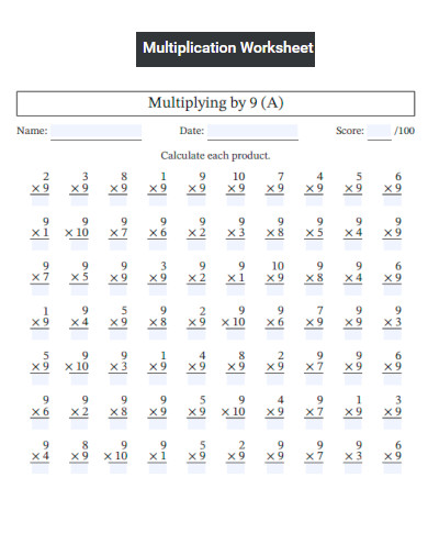 Multiplying by 9 Multiplication Worksheet