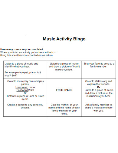 Music Activity Bingo