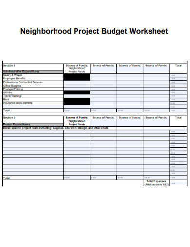 Neighborhood Project Budget Worksheet