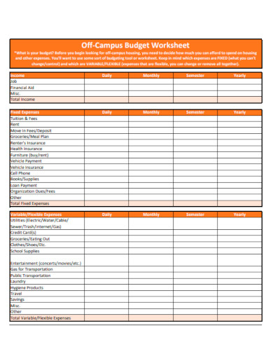 Off Campus Budget Worksheet