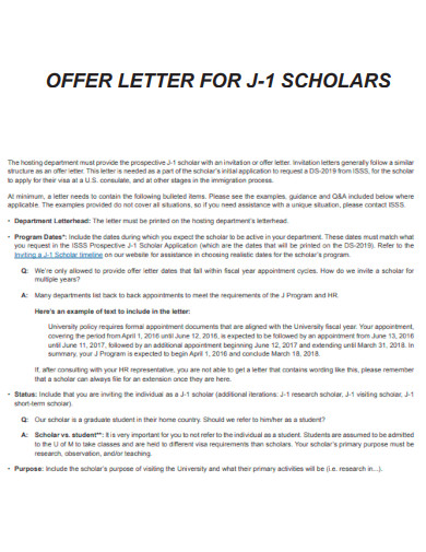 Offer Letter for J 1 Scholars