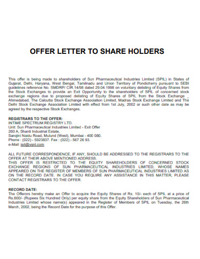 Offer Letter to Share Holder