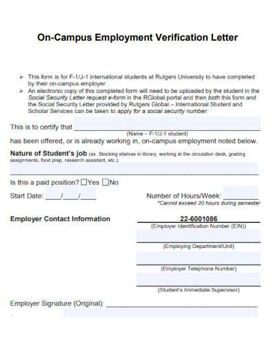 On Campus Employment Verification Letter
