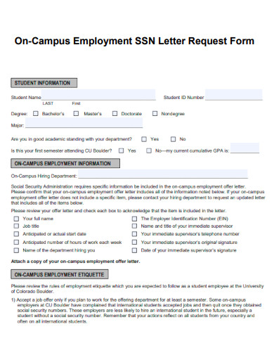 On Campus Employment Verification SSN Letter Request Form
