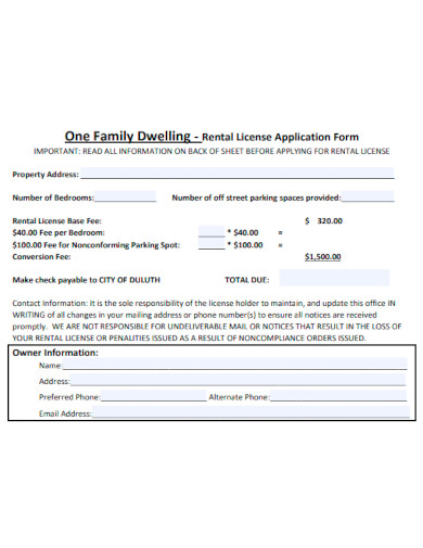 One Family Dwelling Rental License Application Form