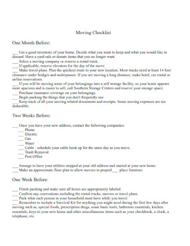 One Month Before Moving Packing Checklist
