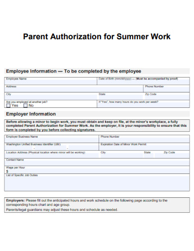 Parent Authorization for Summer Work