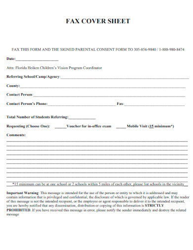 Parental Consent Form Fax Cover Sheet