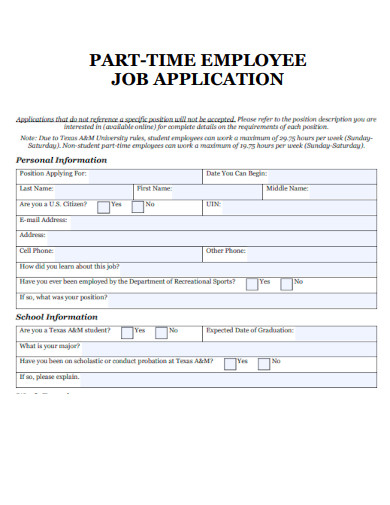 Part Time Employee Job Application