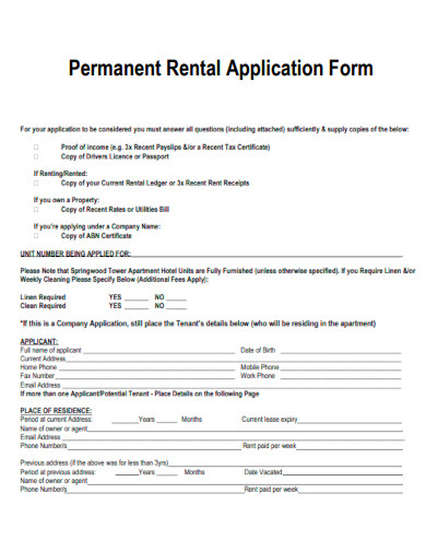 Permanent Rental Application Form