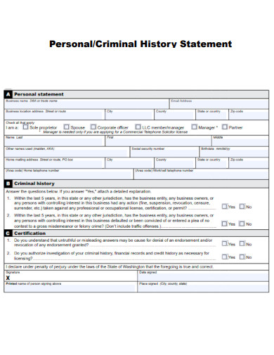 Personal Criminal History Statement