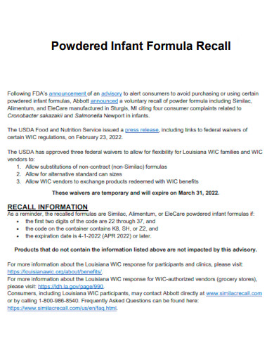 Powdered Infant Formula Recall