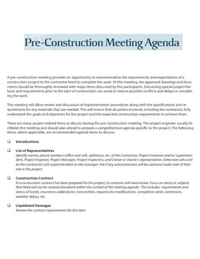 Pre Construction Meeting Agenda