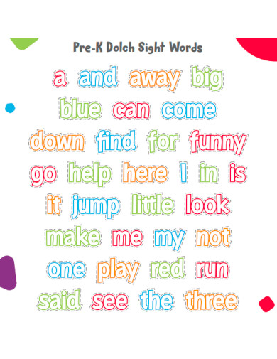 Pre K Dolch Sight Words
