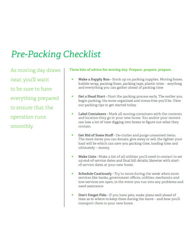 Pre Packing Moving Checklist