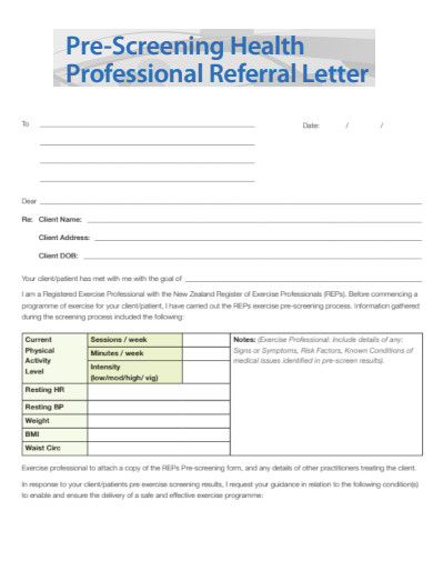 Pre Screening Health Professional Referral Letter