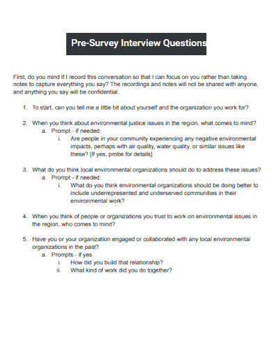 Pre Survey Interview Questions