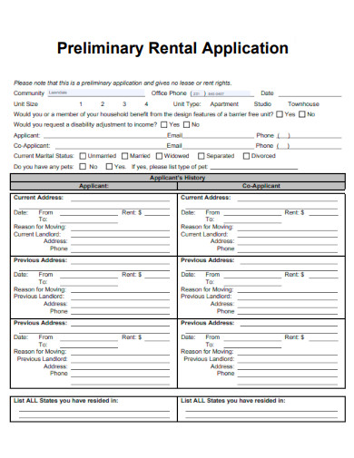 Preliminary Rental Application