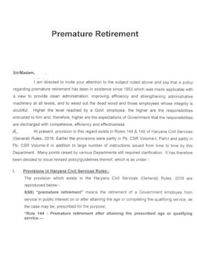 Premature Retirement Letter