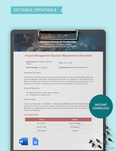 Project Management Business Requirements Document Template