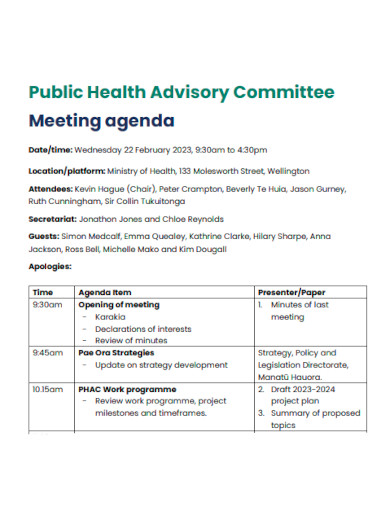 Public Health Advisory Committee Meeting agenda