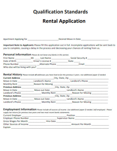 Qualification Standard Rental Application