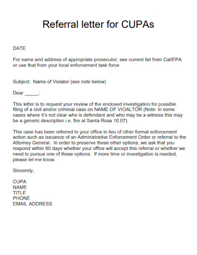 Referral Letter for CUPAs