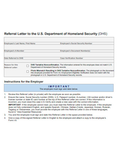 Referral Letter to US Department of Homeland Security