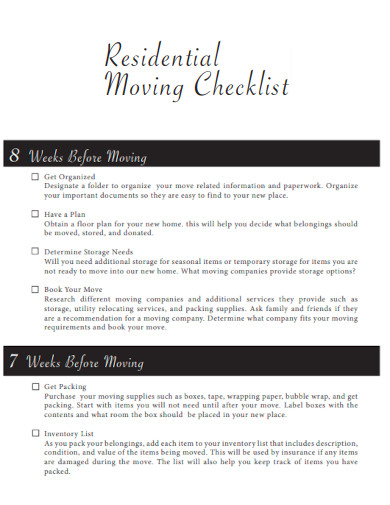Residential Moving Packing Checklist