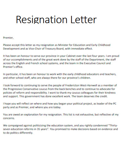 Resignation Letter as Minister for Education