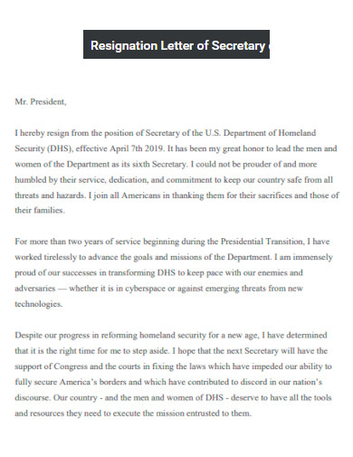 Resignation Letter of Secretary