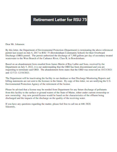 Retirement Letter for RSU 75